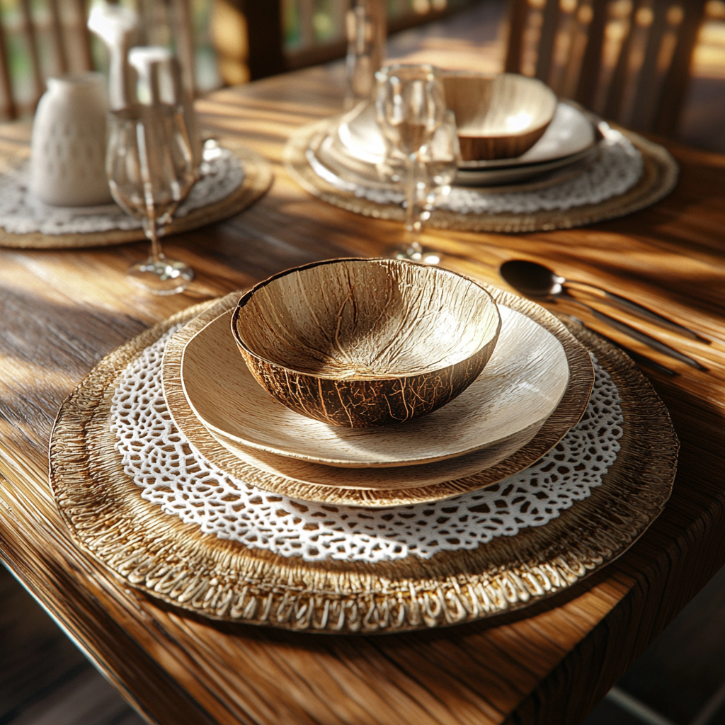 Coconut flatware on table with sunlight accents