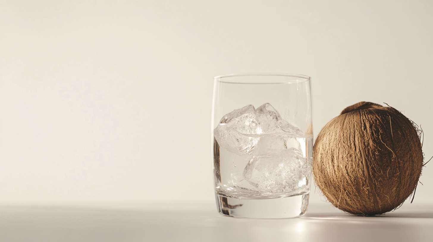 Coconut water in glass next to whole coconut