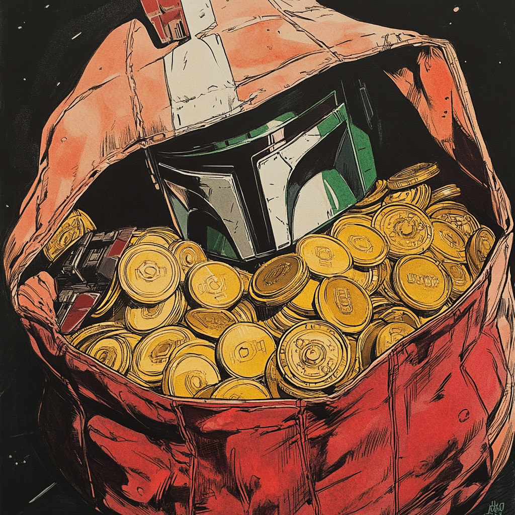 Coins, gems, and credits in bag from Star Wars.