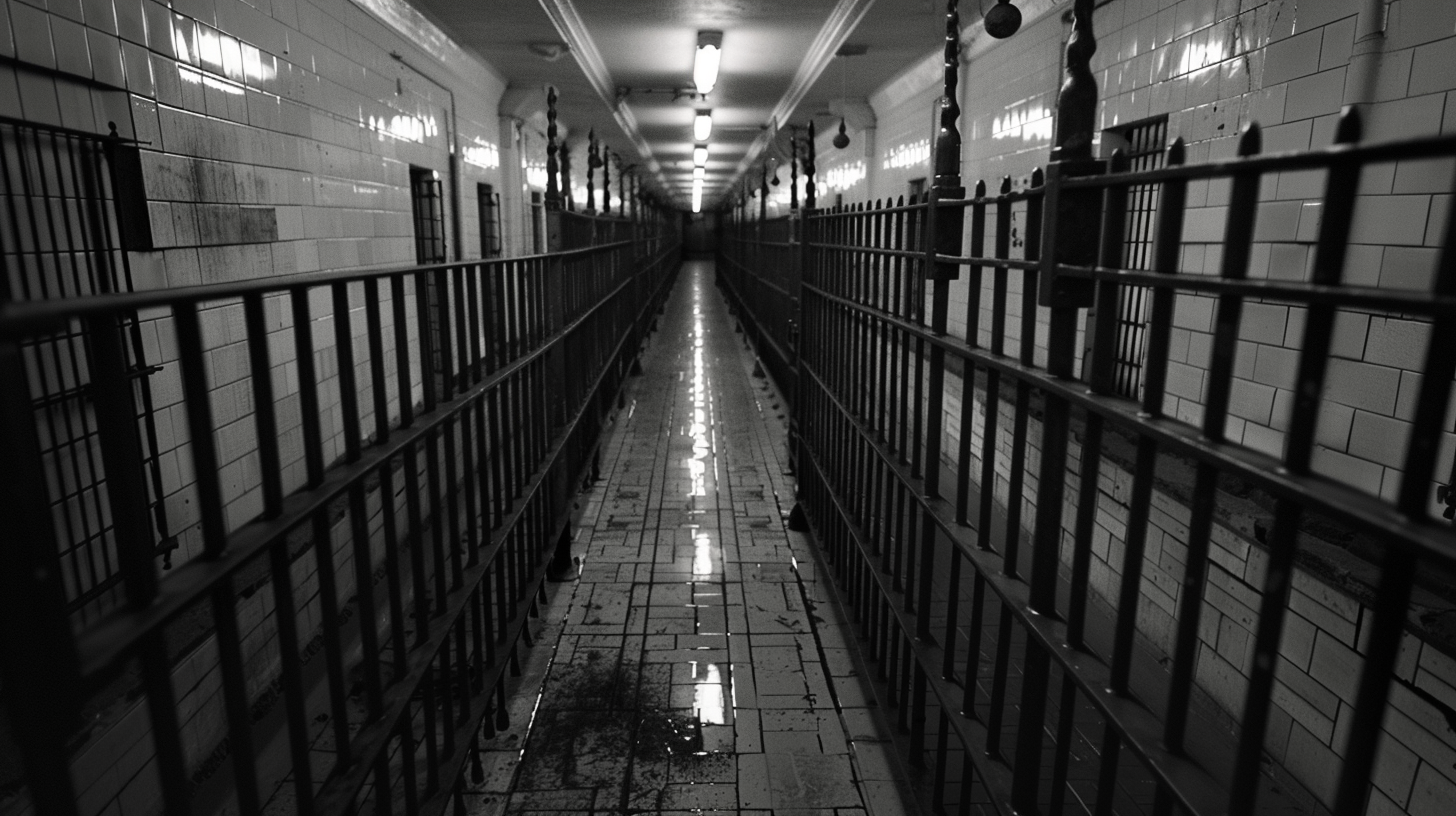 Cold, bleak institutional room with imposing prison gate.