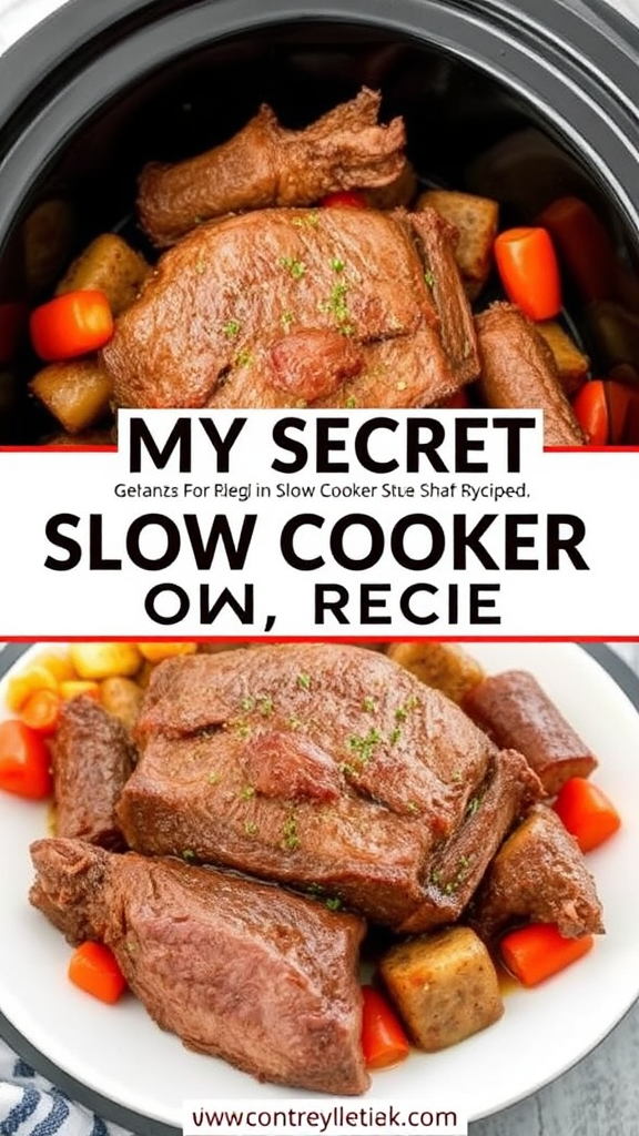 Collage of Secret Slow Cooker Roast Recipe.