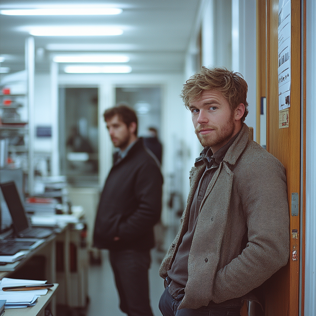 Colleagues gossip near office doorway, desk worker unaware.