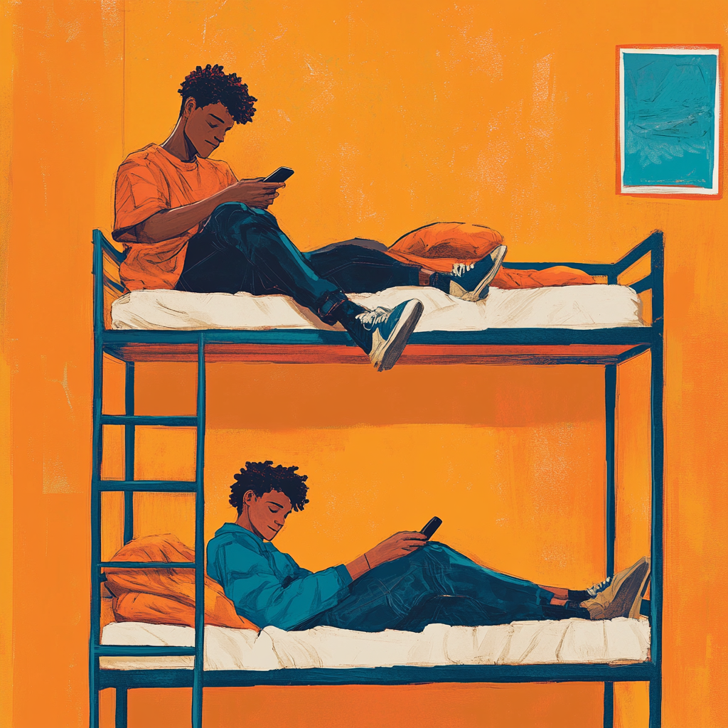 Illustration of College boys on bunk bed with phone