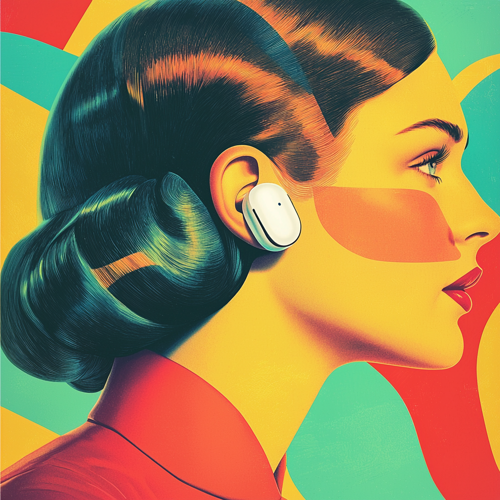 Colorful 1950s-style advertisement featuring woman's ear with AirPods.