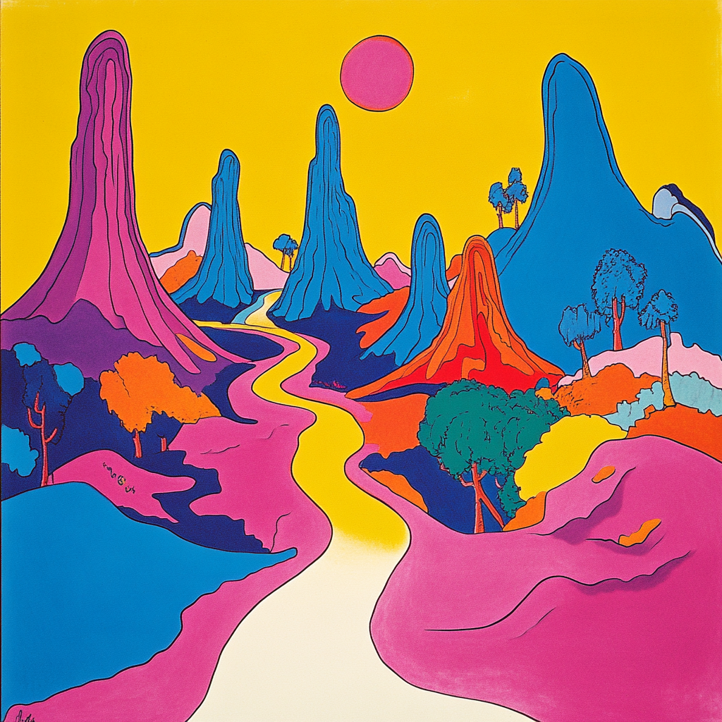 Colorful 1968-style landscape drawing with rounded edges