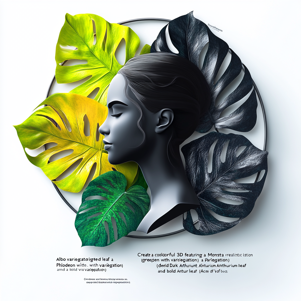 Colorful 3D logo with Monstera, Philodendron, Anthurium leaves, woman.