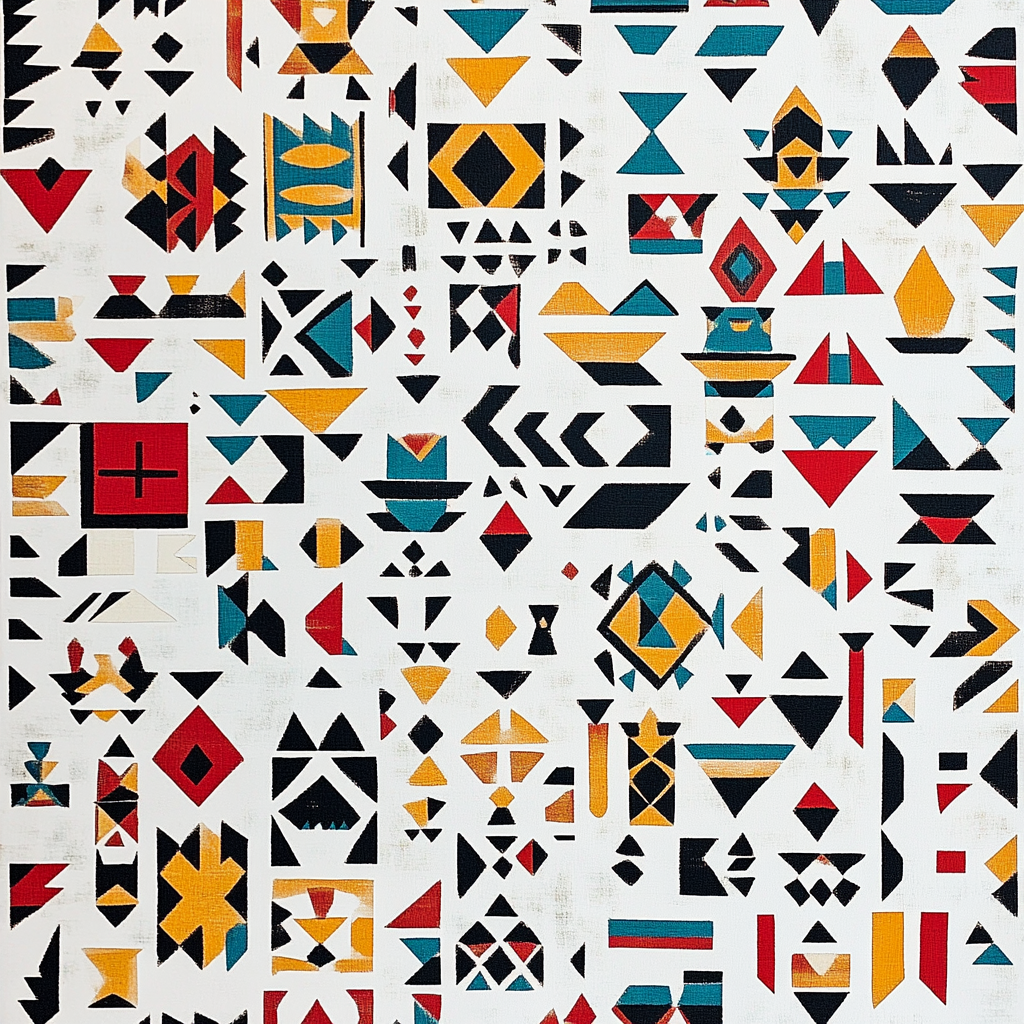 Colorful Aztec shapes and symbols on white fabric