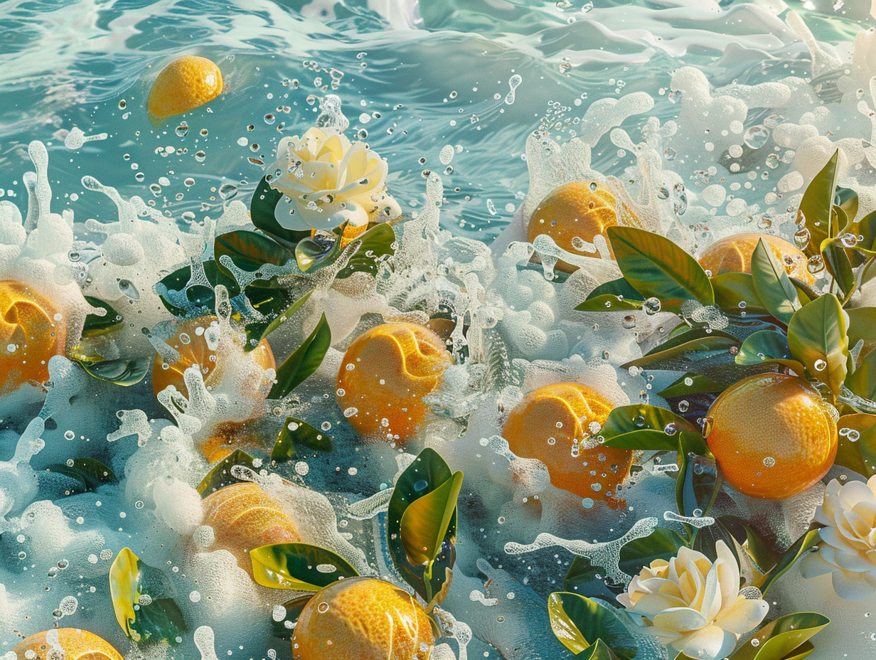 Colorful Bergamot Fruits and Neroli Flowers by Ocean