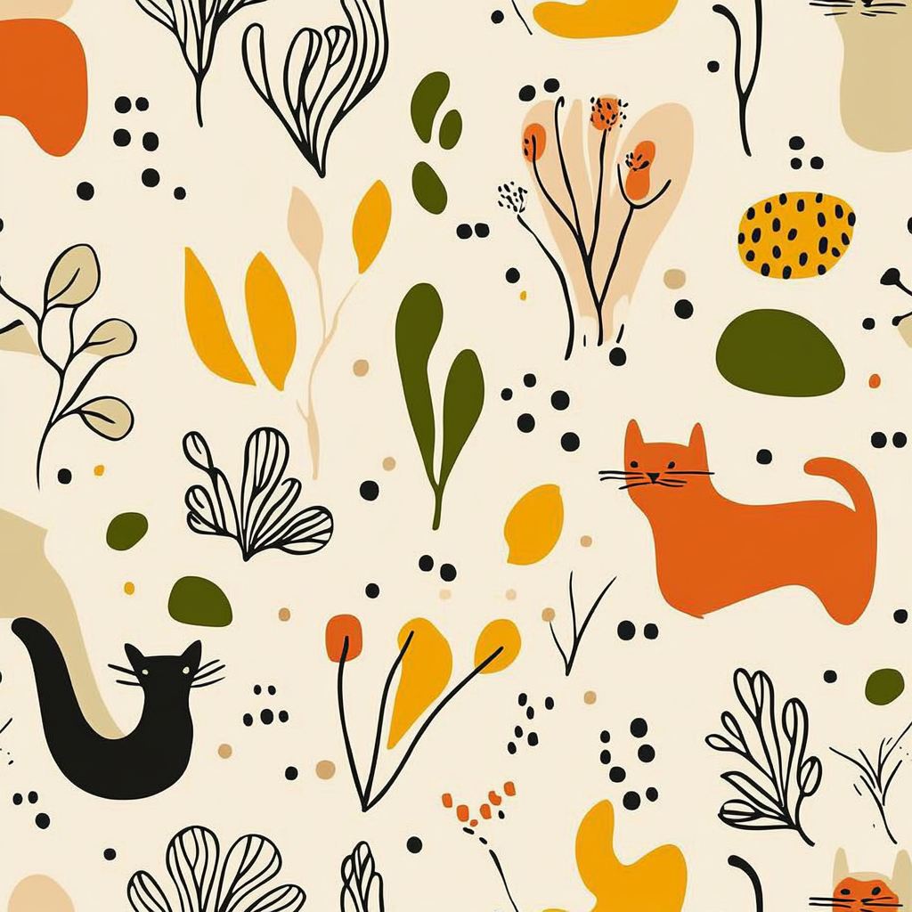 Colorful Cat and Floral Pattern on Beige Background