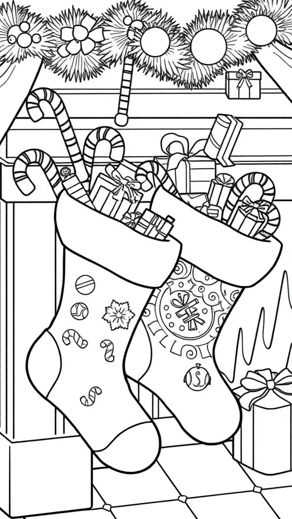 Colorful Christmas stockings with candies and toys