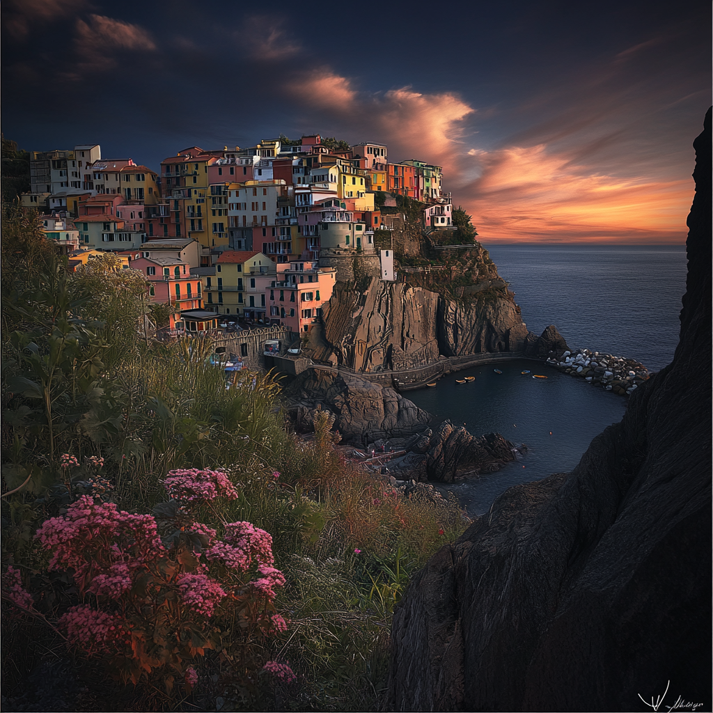 Colorful Cinque Terre villages overlooking Mediterranean Sea.