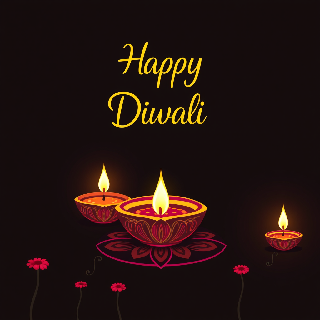 Colorful Diwali greeting card with festive decorations.