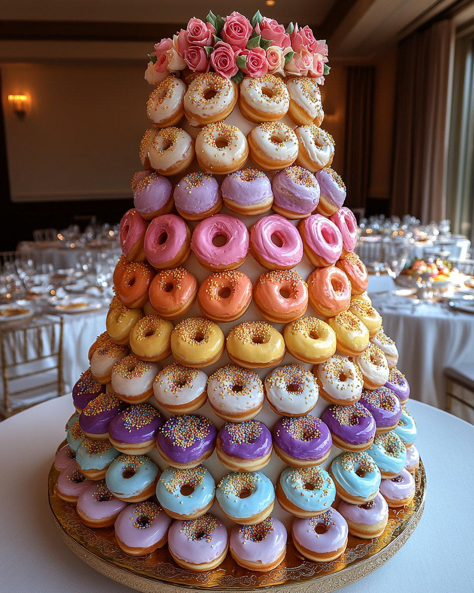 Colorful Doughnut Wedding Cake on Pedestal Stand