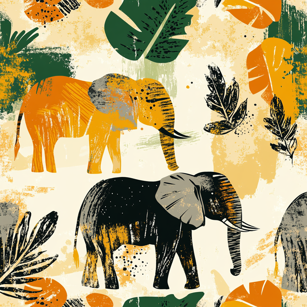 Colorful Elephant Floral Pattern with Earthy Tones