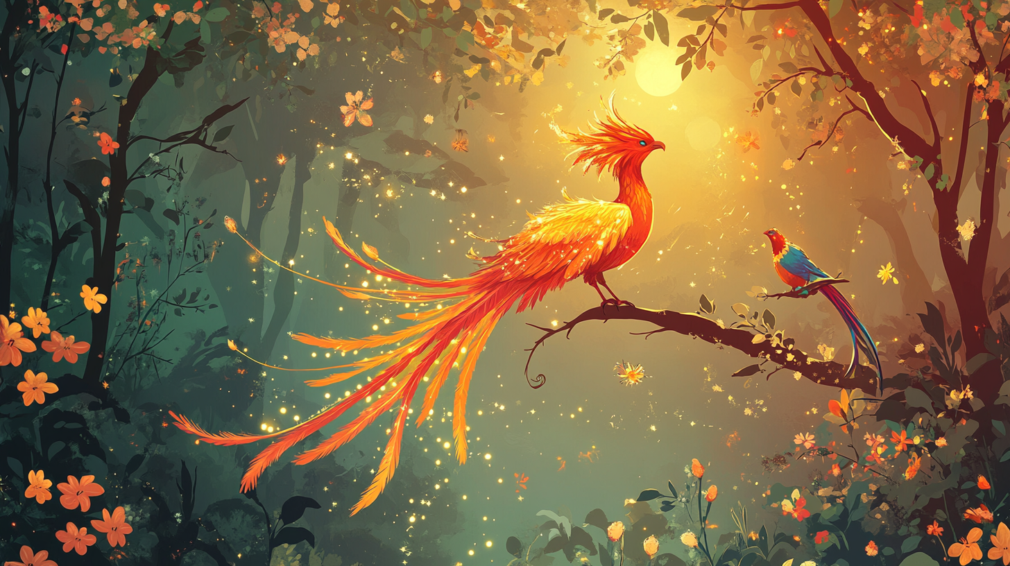 Colorful Fairy Tale Forest with Firebird and Flowers