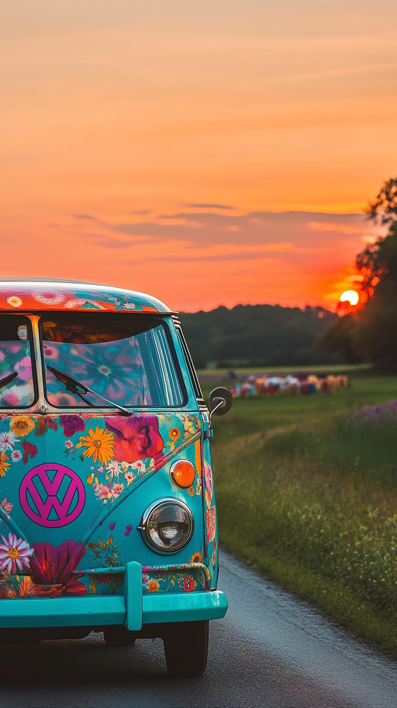 Colorful Hippie Van Driving to Woodstock