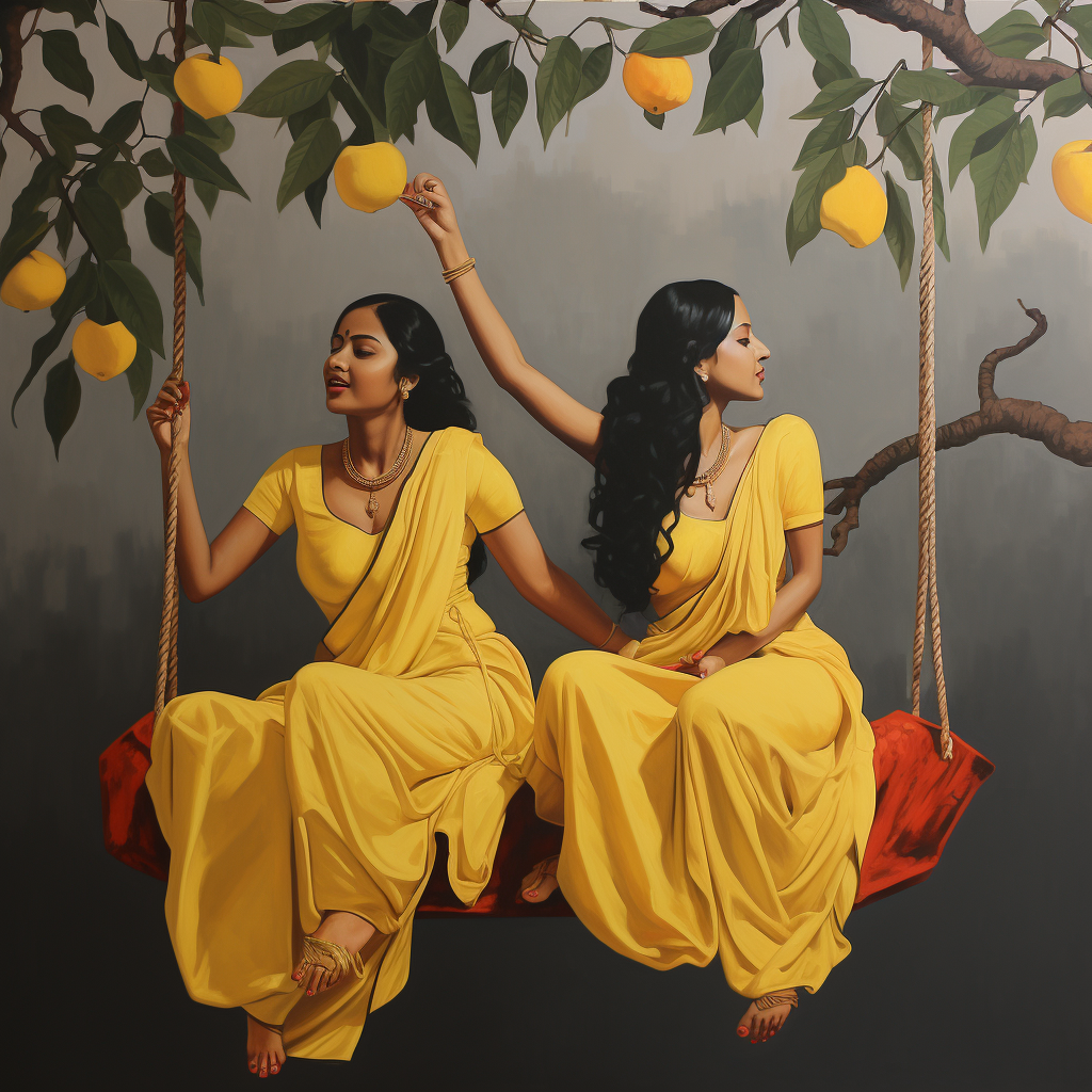 Colorful Indian Girls Swinging Under Mango Tree Painting