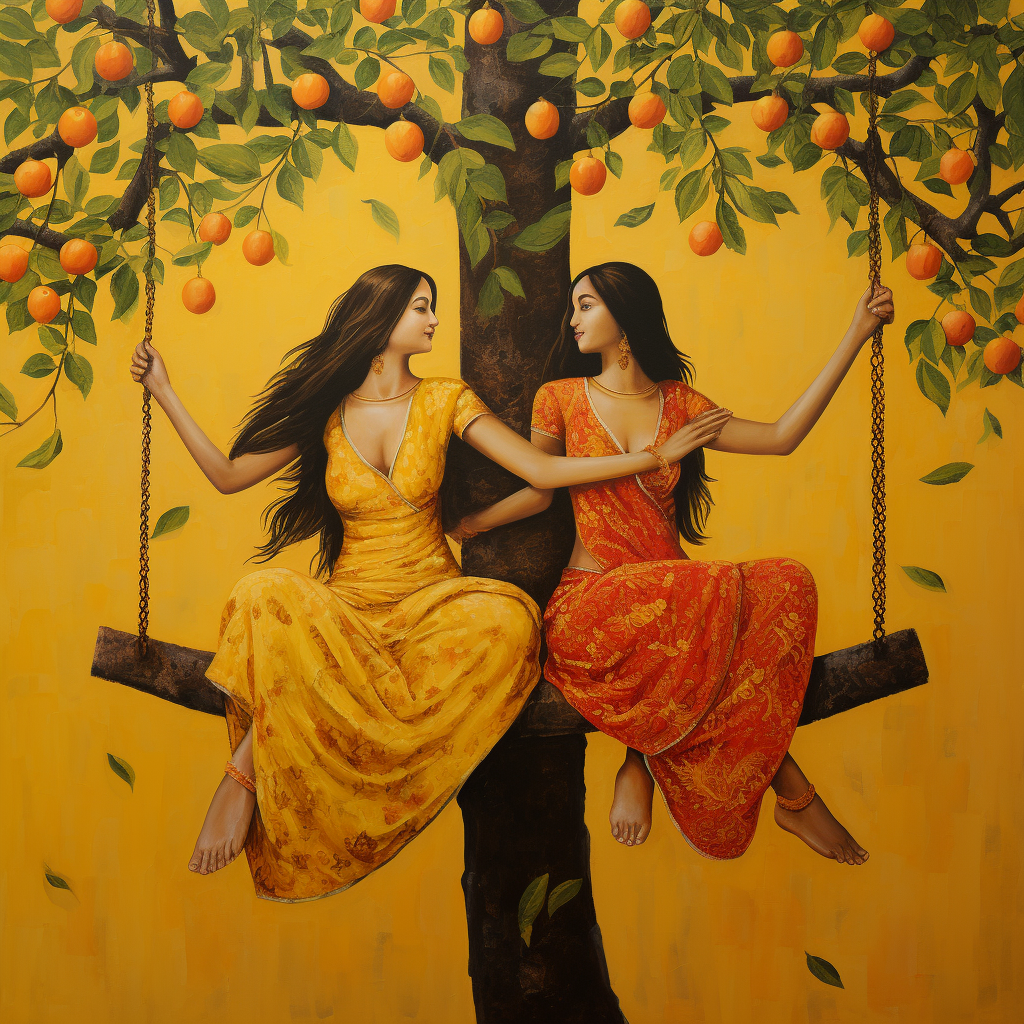 Colorful Indian Girls Swinging on Mango Tree