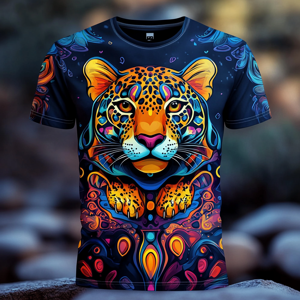 Colorful Jaguar T-Shirt with Cartoon Design and Geometric Details.