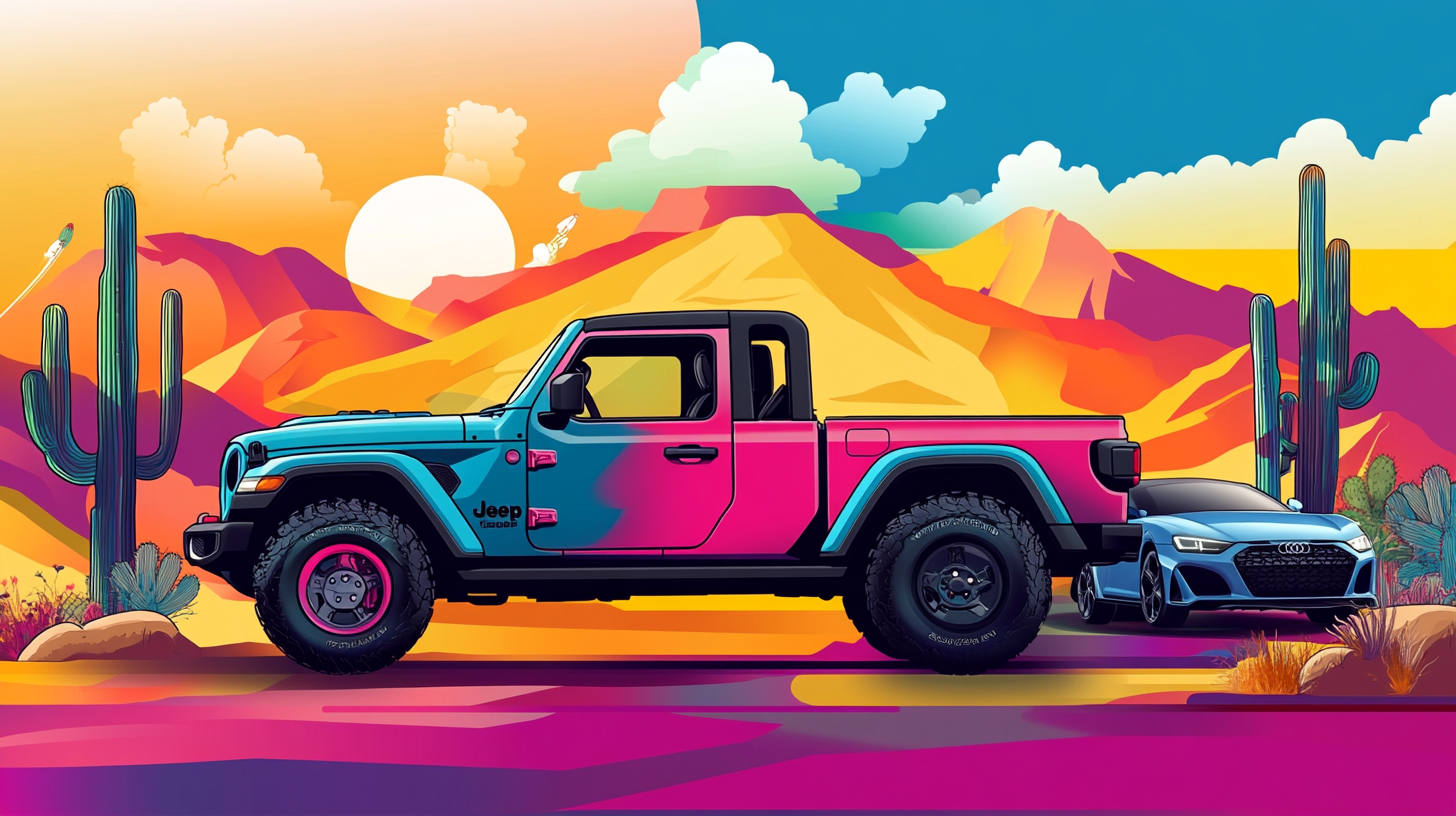 Colorful Jeep Gladiator and Audi R8 in Arizona desert.