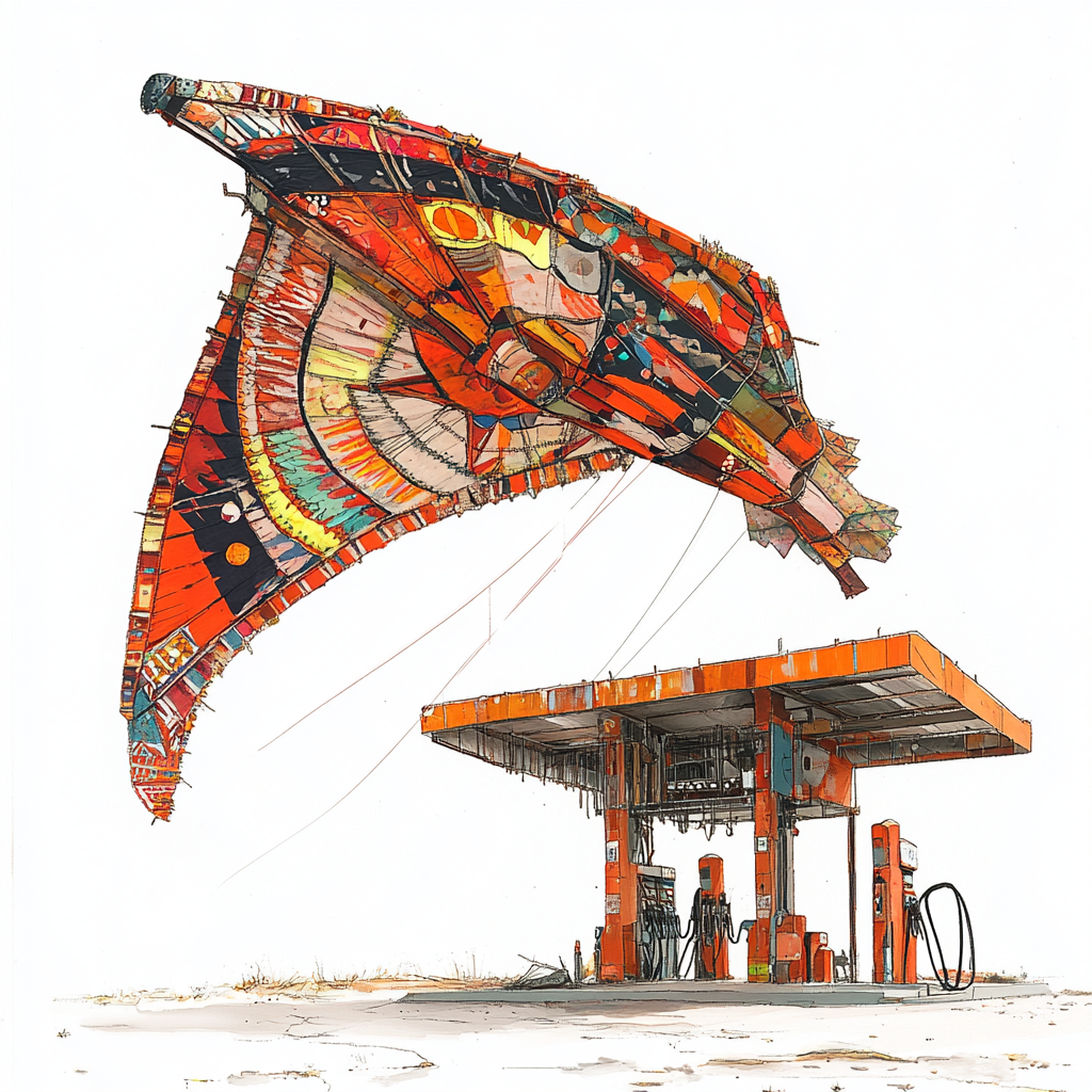 Colorful Kite Flies Next to Frozen Gas Station