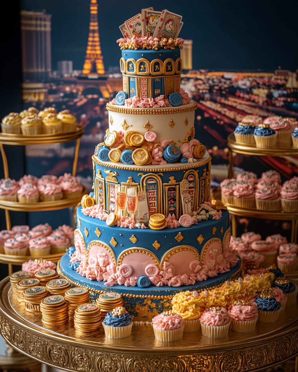 Colorful Las Vegas themed wedding cake with treats