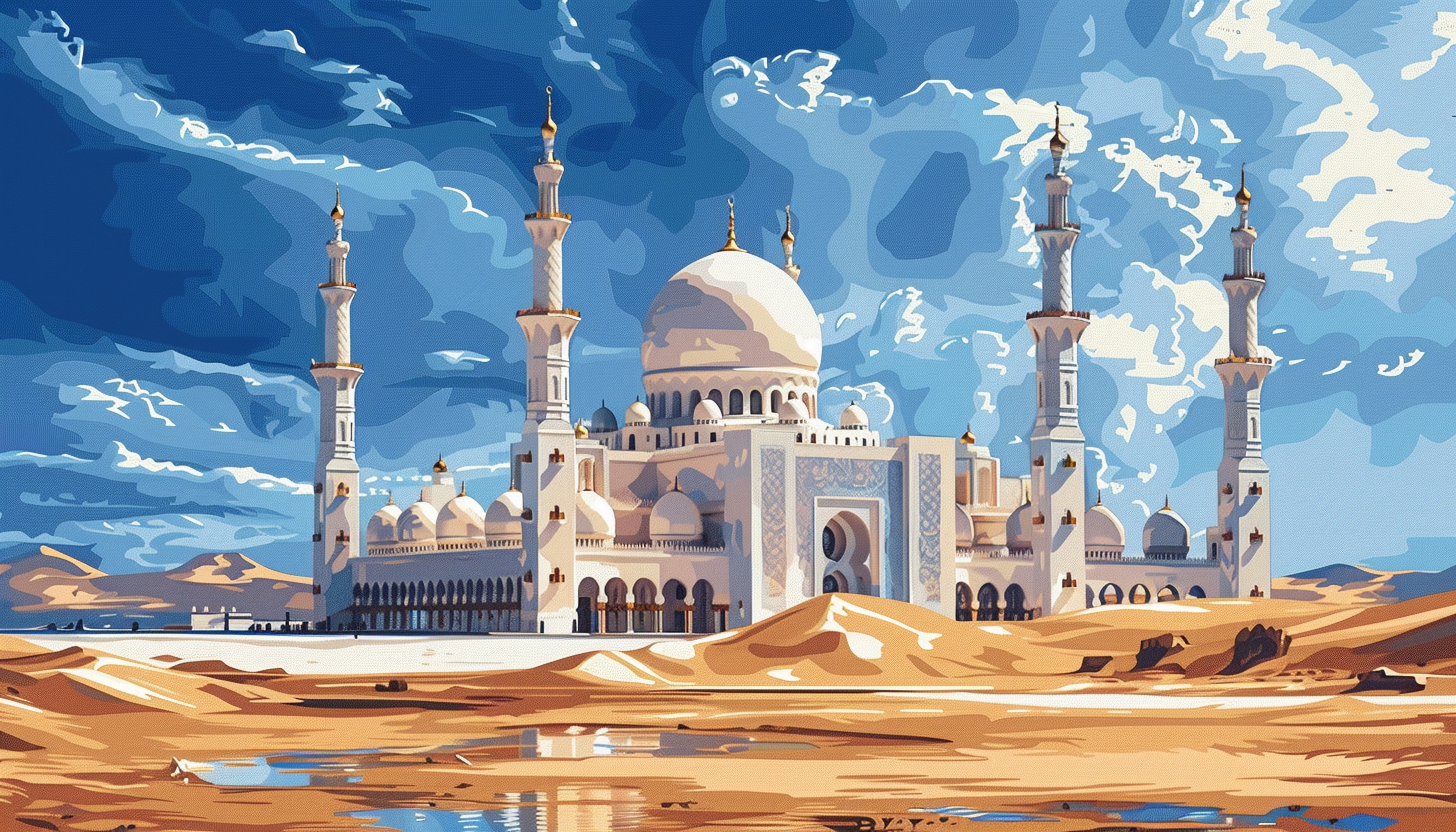 Colorful Mosque in Desert at Noon - Digital Art