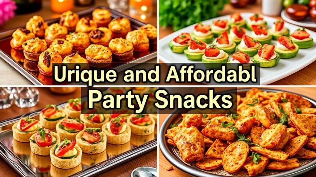 Colorful Party Snacks on Platters with Greenery Background.