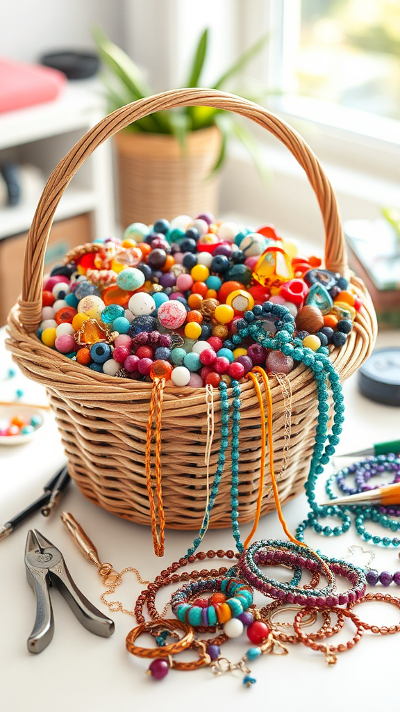 Colorful beads and tools in jewelry making basket