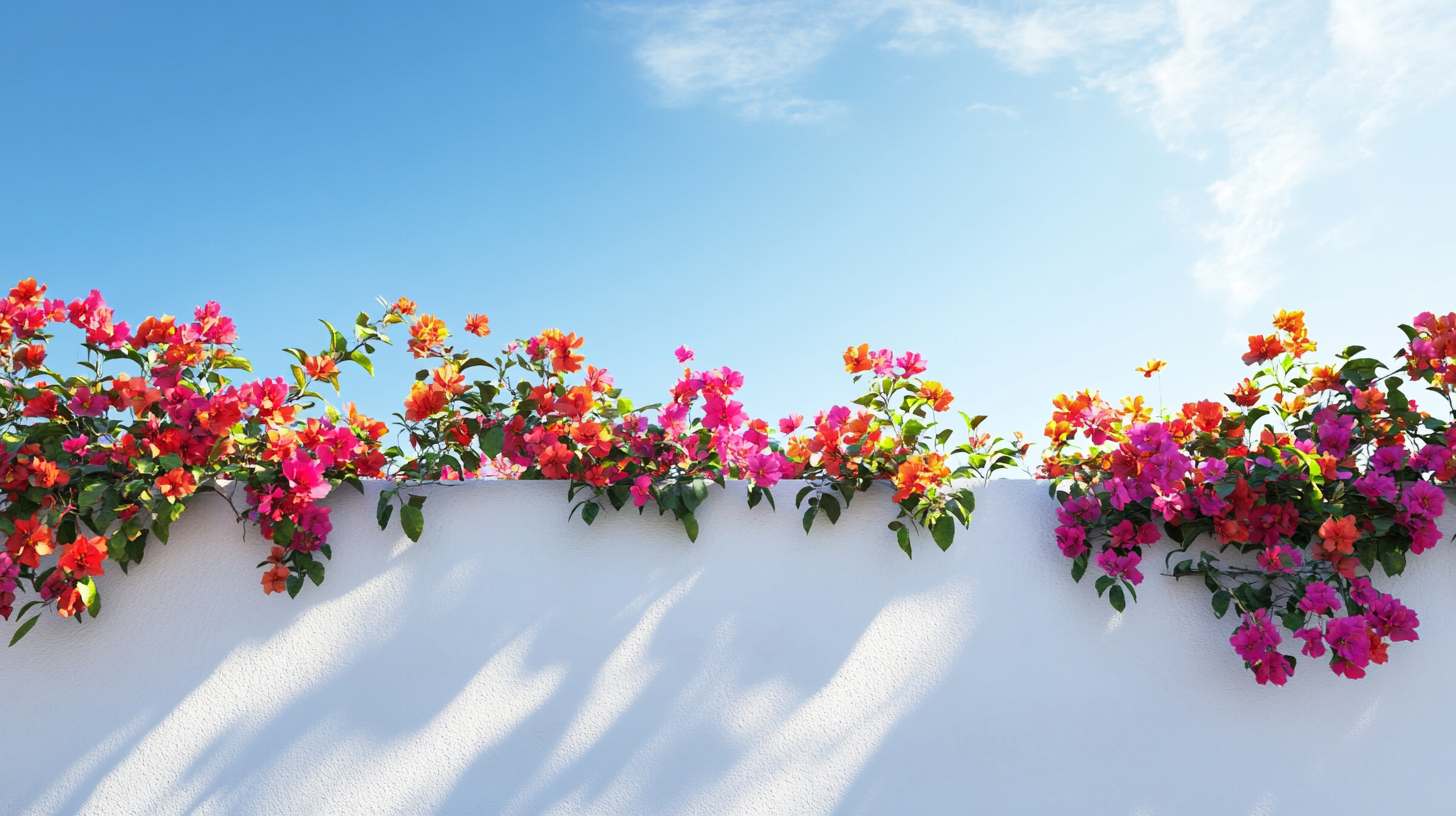 Colorful blossoms on white wall under azure sky