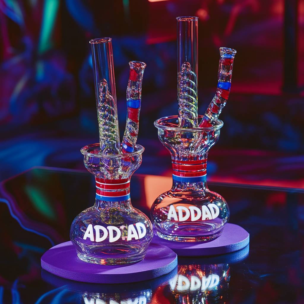 Colorful bongs on purple mat and glass table