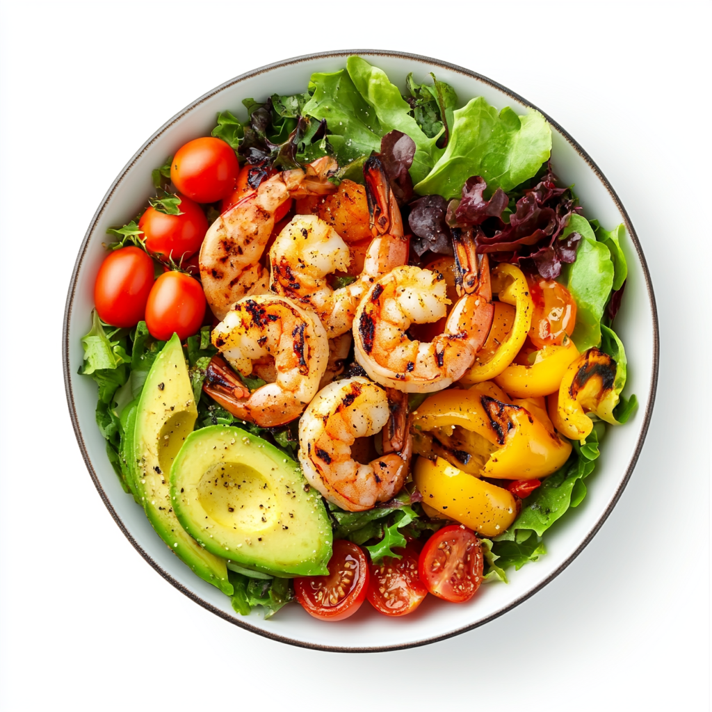 Colorful bowl of healthy grilled shrimp and vegetables