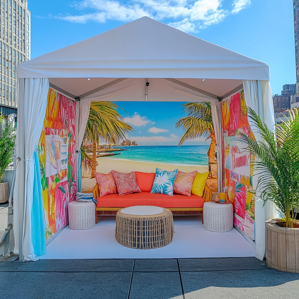 Colorful cabana and surfboards in tent photo op