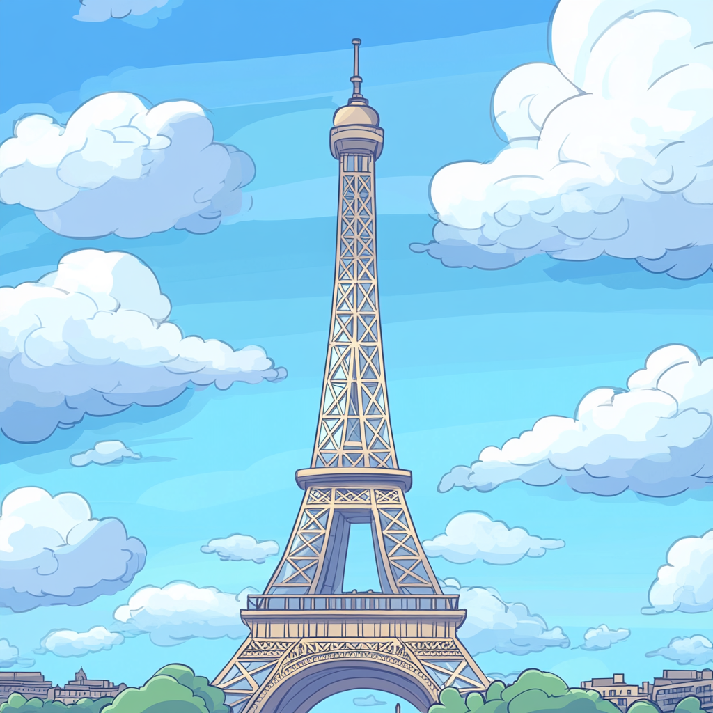 Colorful cartoon Eiffel Tower in Paris with clouds