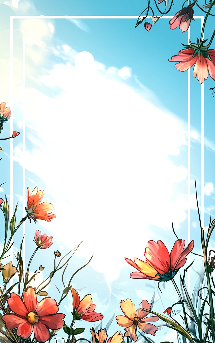 Colorful cartoon garden with flowers under sky