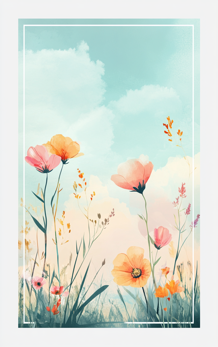 Colorful cartoon style drawing of flowers and grass