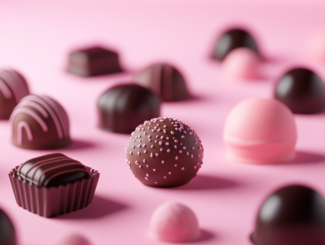 Colorful chocolates on pink background