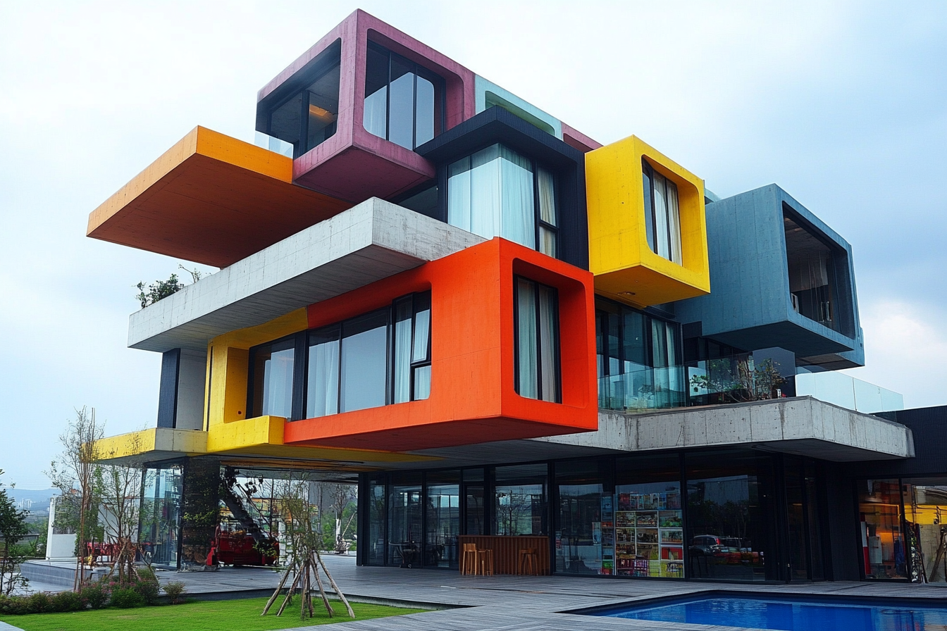 Colorful concrete cube building with offices, hotel, pool, garage.