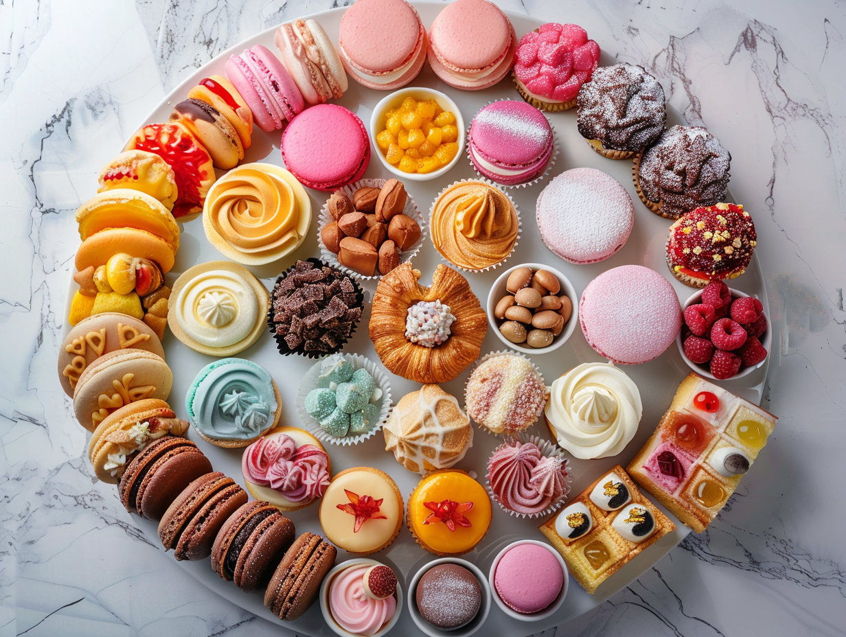 Colorful desserts on platter with detailed textures