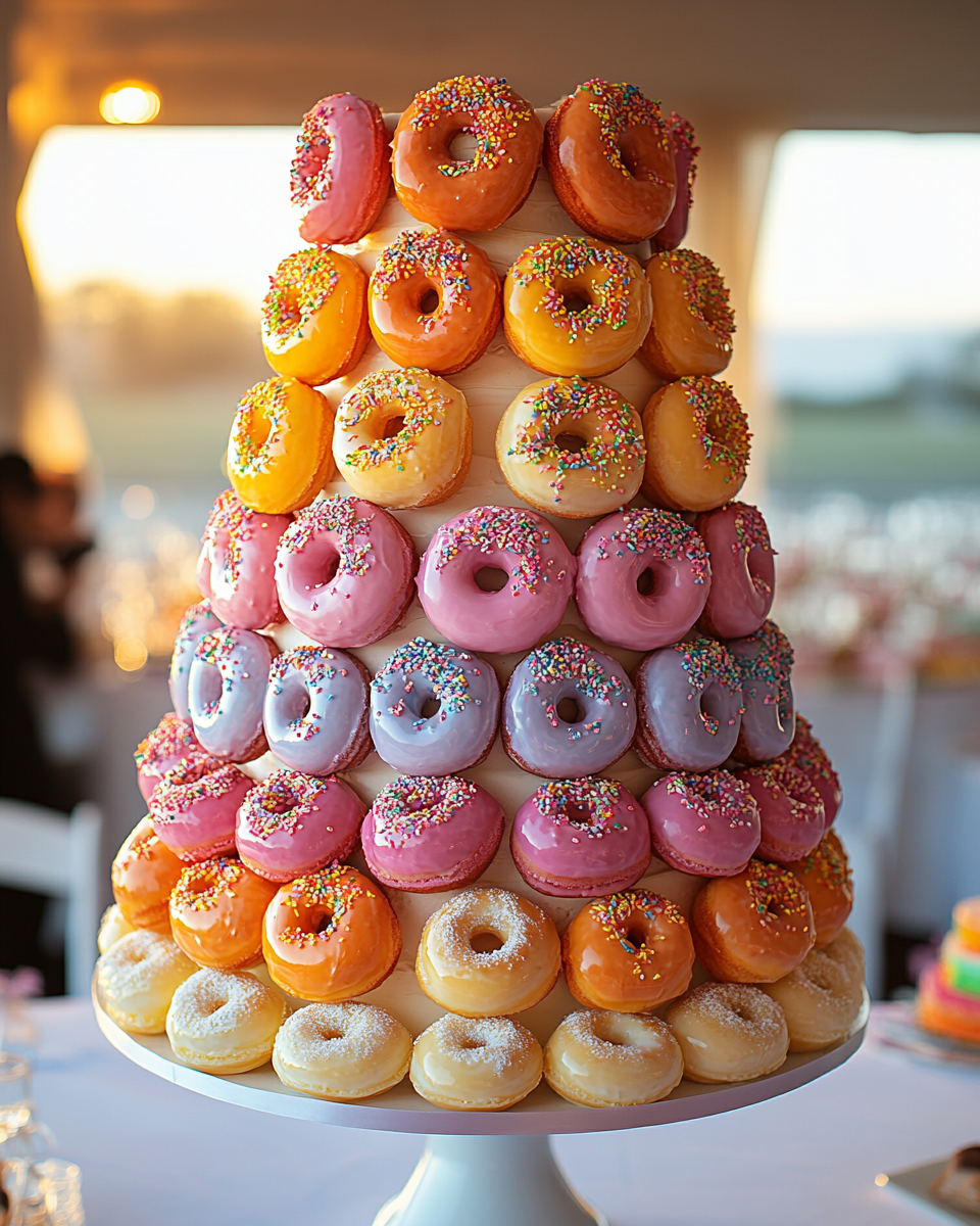 Colorful doughnut-themed wedding cake on pedestal stand