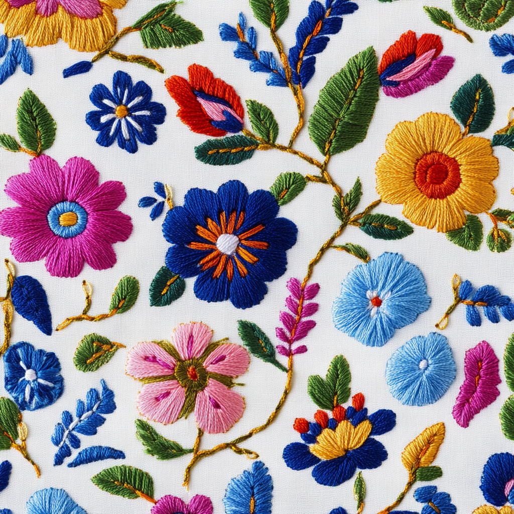 Colorful embroidered flowers on white fabric, Mexican-style details, high resolution.