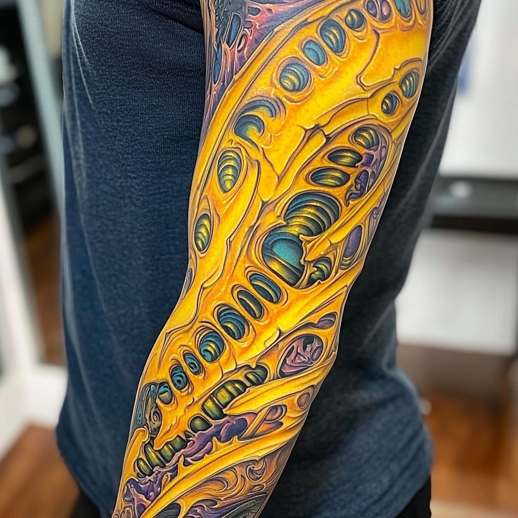 Colorful futuristic arm tattoo with alien background