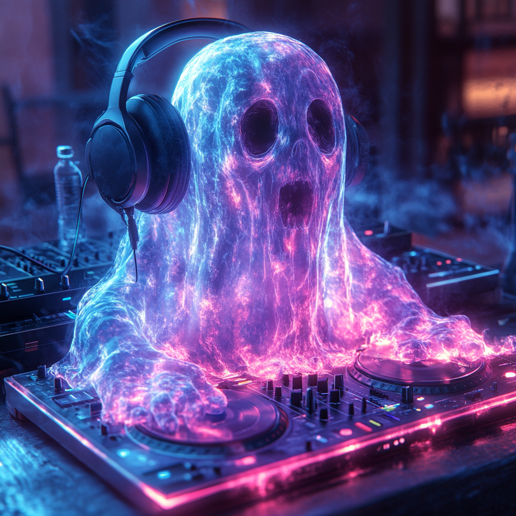 Colorful ghost and headphones on a turntable