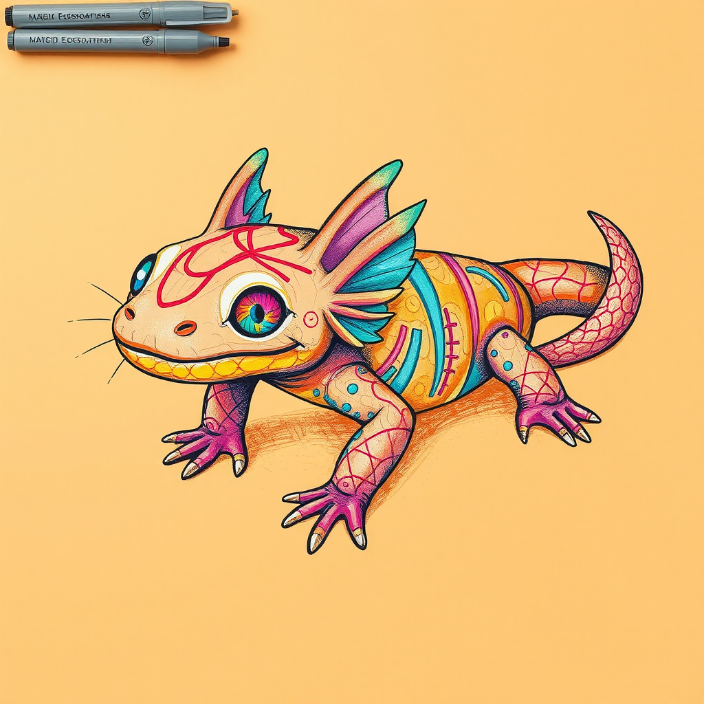 Colorful glitched axolotl drawn on orange canvas.