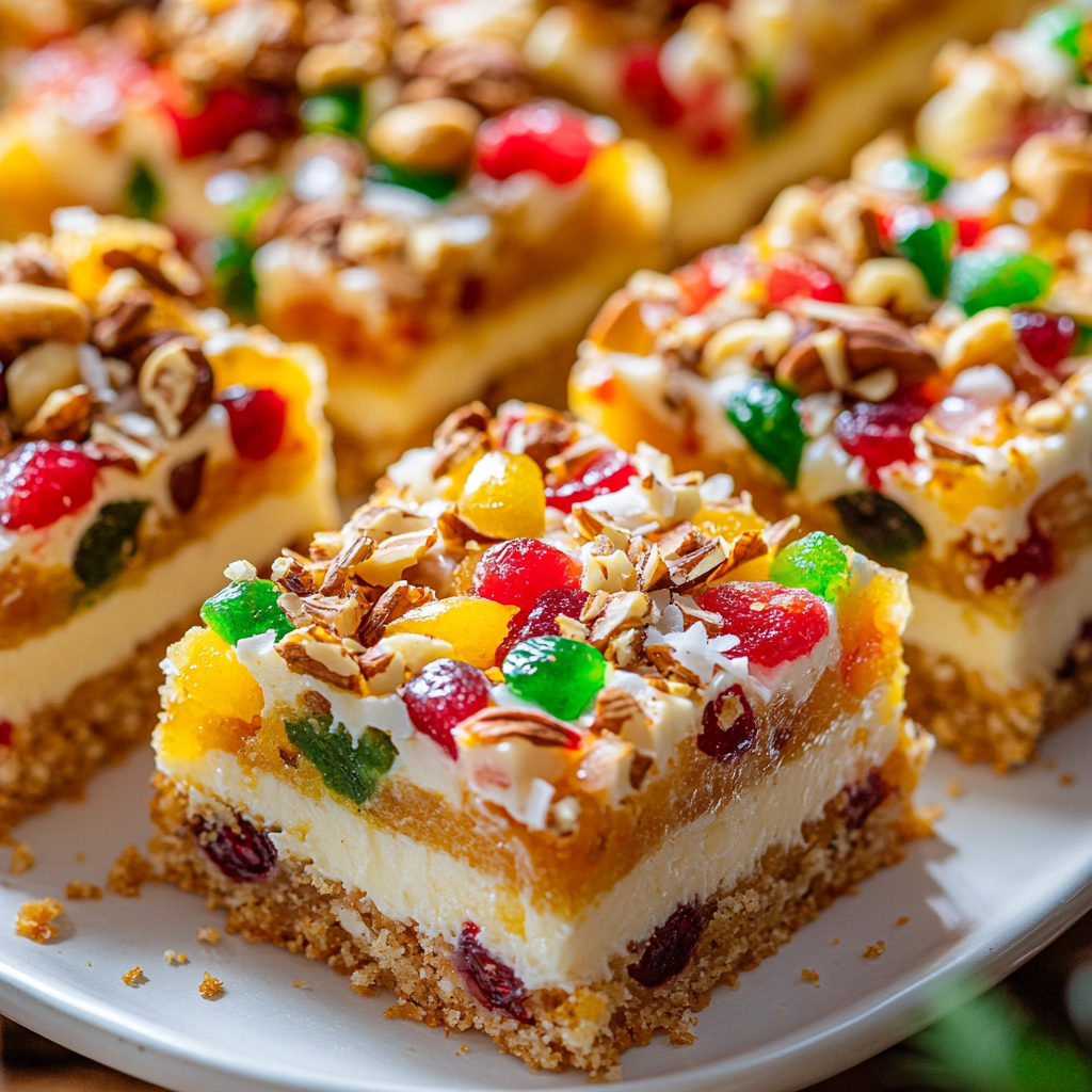 Colorful holiday fruit bars on white plate