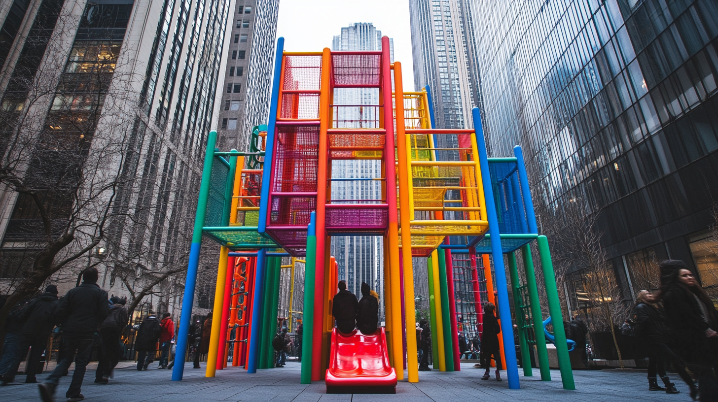 Colorful jungle gym stands out in gray city