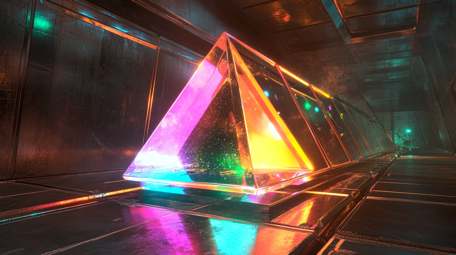 Colorful light beam shines from triangular prism on platform