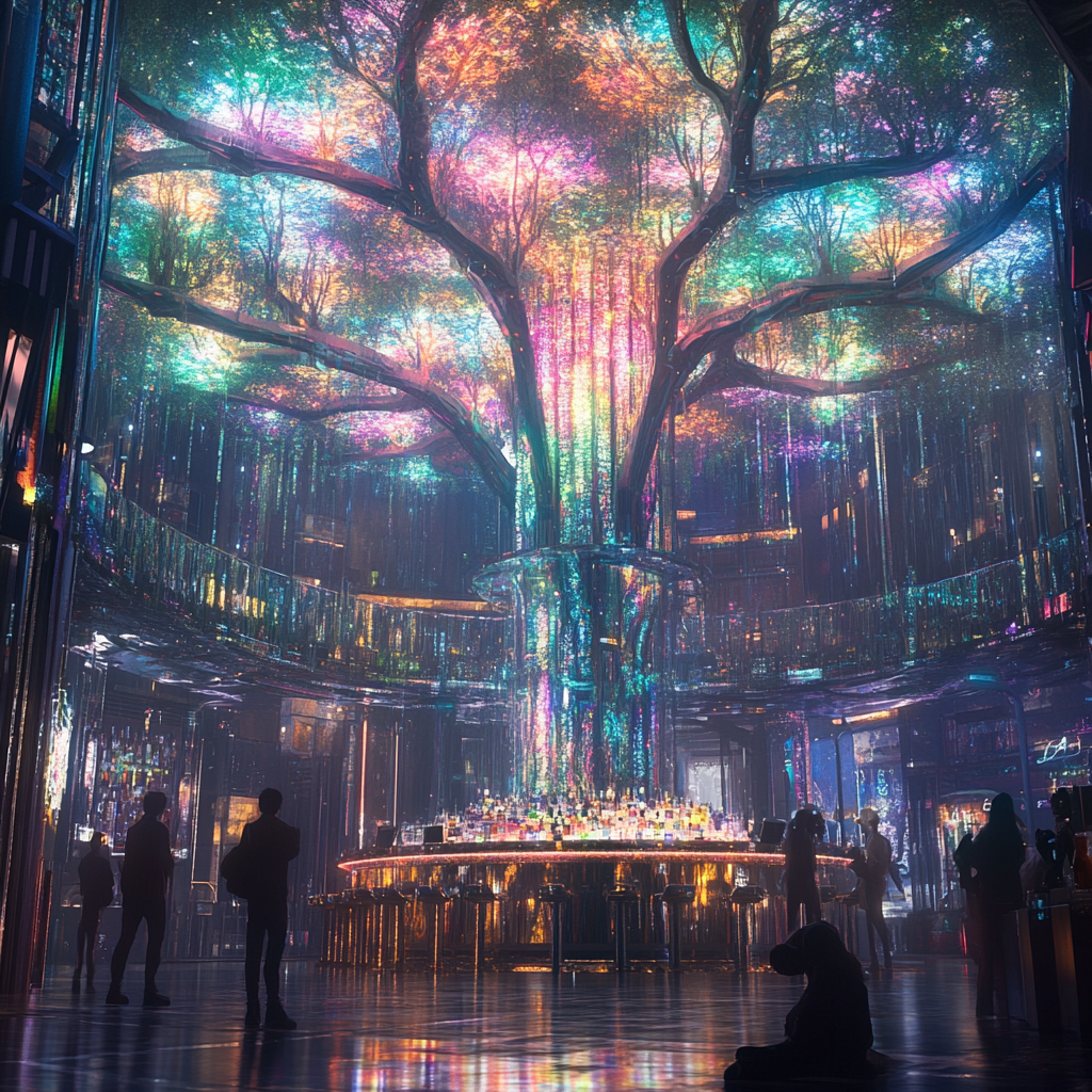 Colorful lights shine on cyberpunk mall tree bar.