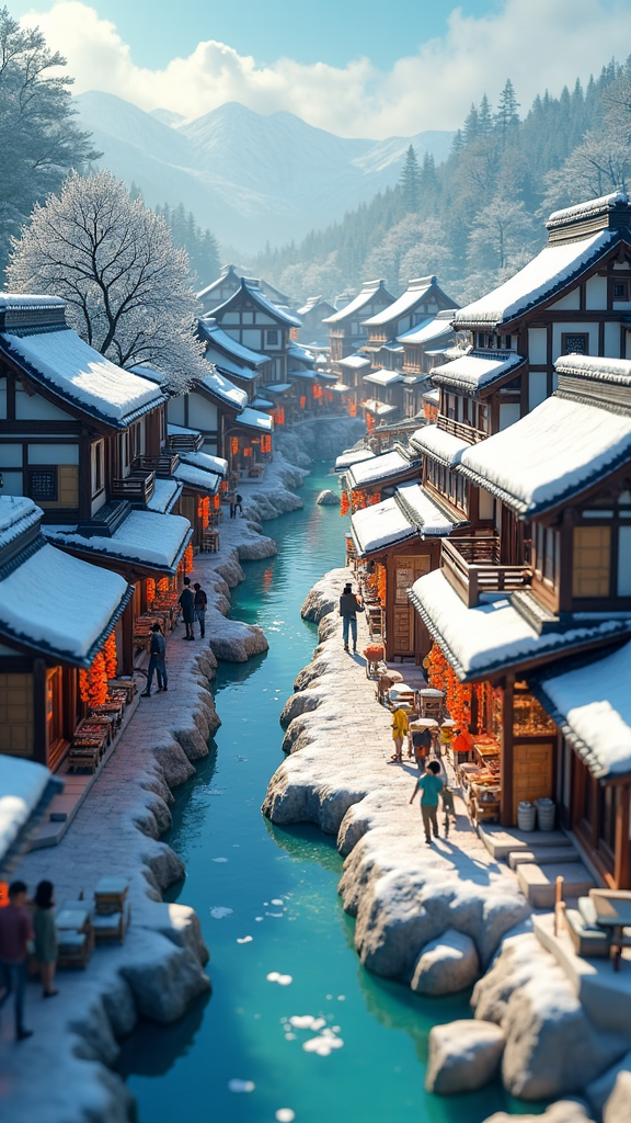 Colorful market in old Japanese village during snow.