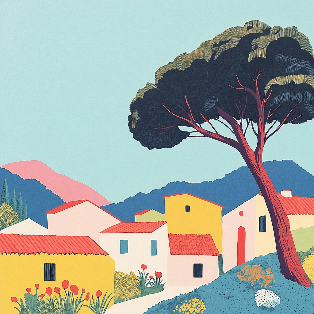Colorful minimalist line drawing of Provencal village.